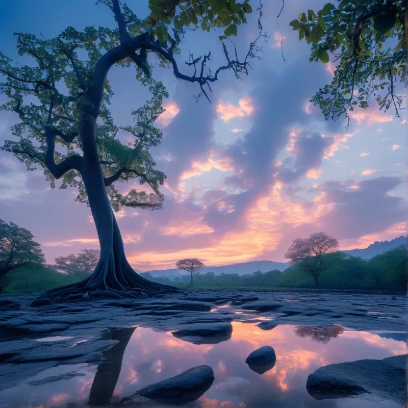 A large gnarled tree stands beside a rocky riverbed where pools of water reflect the pink and blue sunset sky.