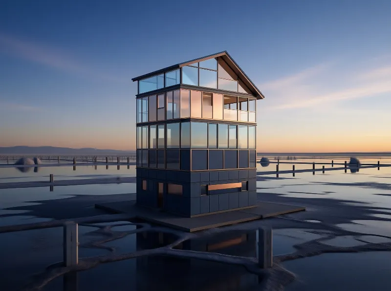 Modern Glass House on Water
