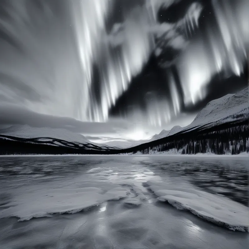 A black and white landscape showing cracked ice on a frozen lake beneath a dramatic sky of northern lights.