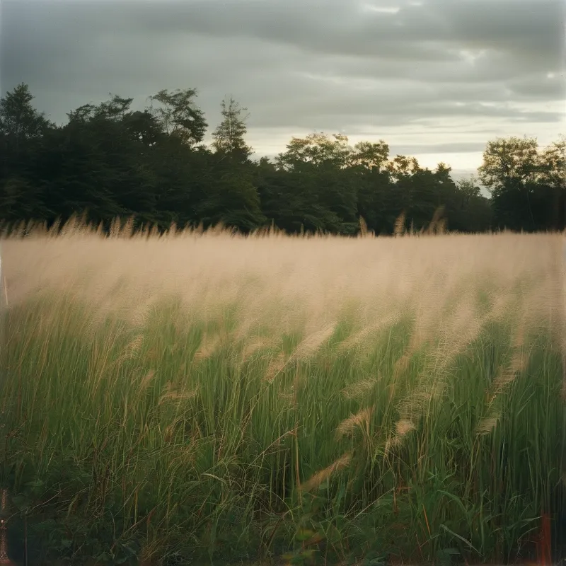 Tall vegetation streaks horizontally across a field while a dark treeline sits beneath a cloudy expanse.