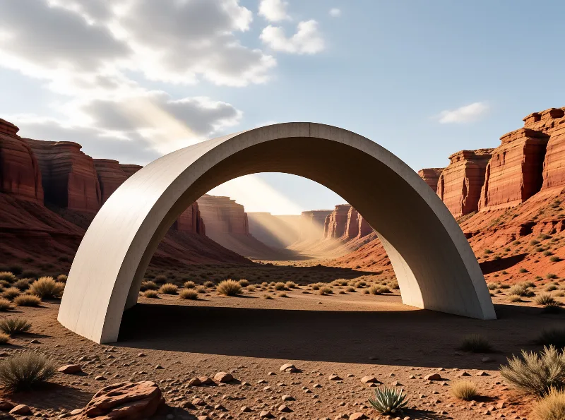 Pale concrete arch spans a red sandstone desert canyon, soft sunbeams pour through cloud breaks toward the distant mesas.