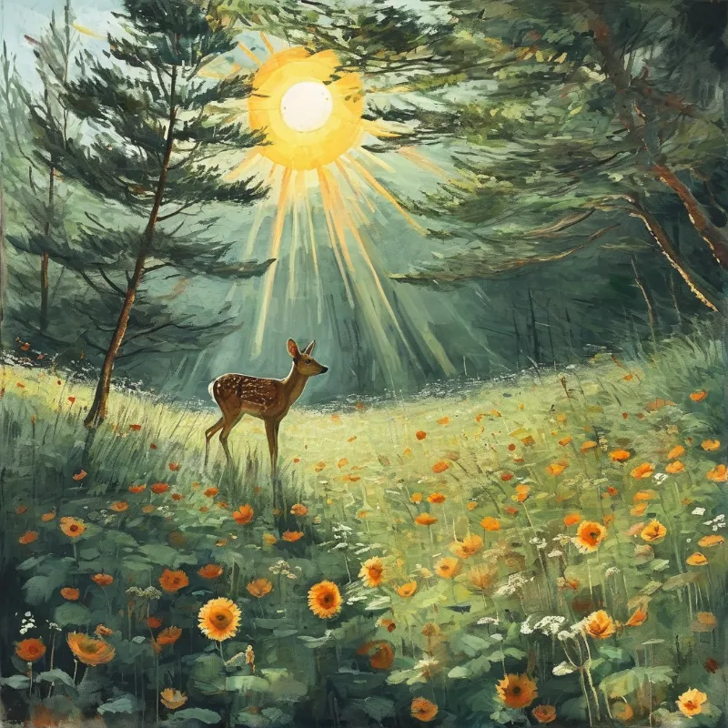 A brown deer stands in a wildflower field while golden sunbeams filter down through the surrounding pine forest canopy.