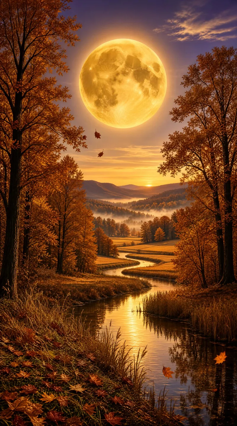 Autumn Moonlit River Landscape
