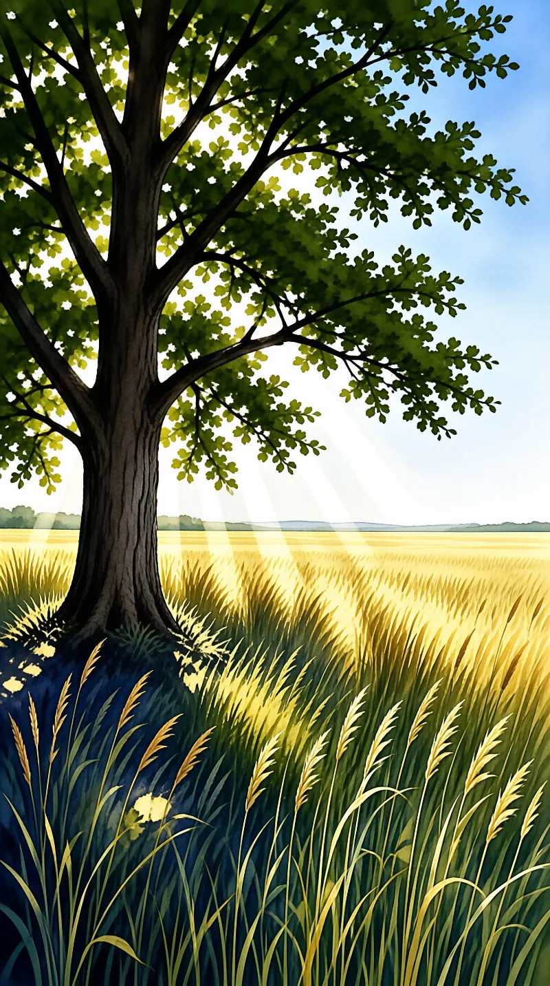 A tall tree stands on the left of a golden wheat field while bright sunlight filters through its branches.