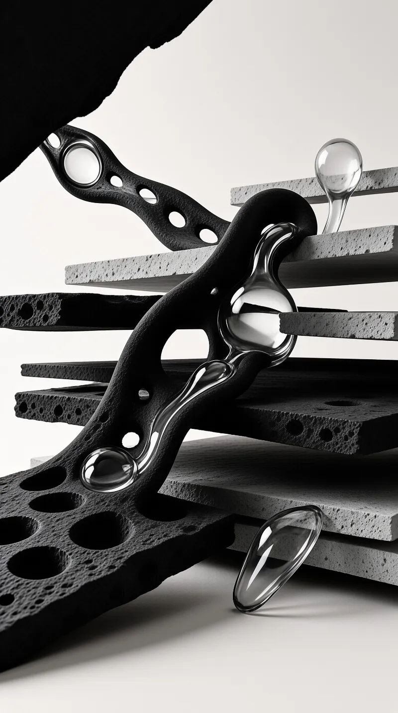 Winding black form draped over porous concrete layers with glass droplets in monochromatic light.