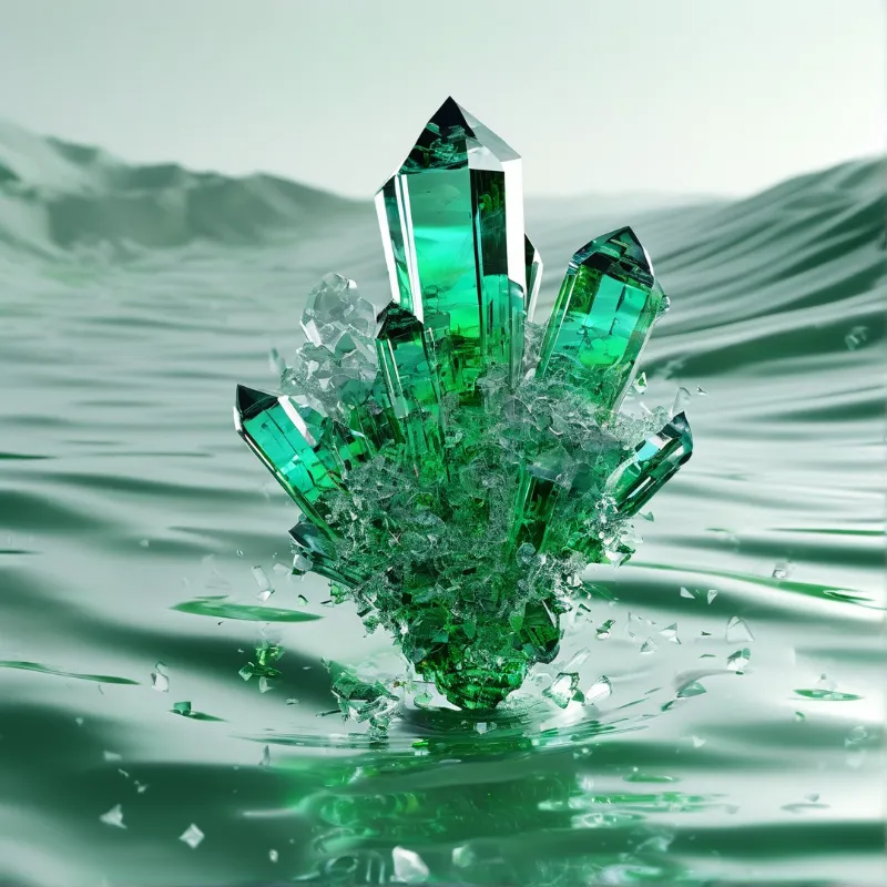 Translucent emerald green crystal clusters emerge from rippling teal toned water with broken glassy fragments scattered across the water surface.