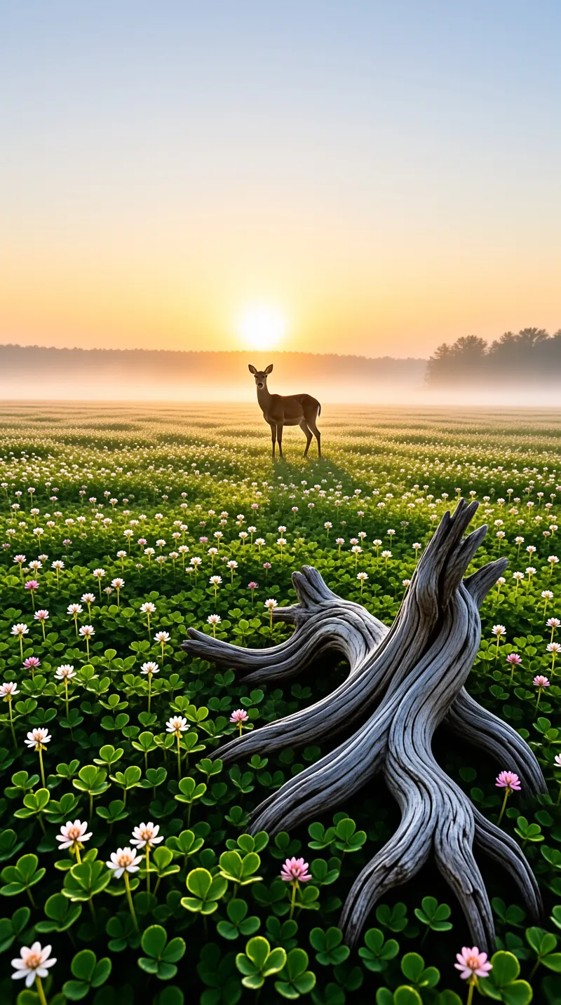 A brown deer stands among small pink and white flowers in a foggy field lit by a glowing sun on the horizon