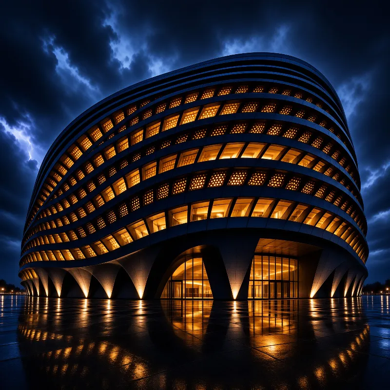 A large curved building with warm yellow lights stands against a dark blue sky with lightning and reflects on wet ground.