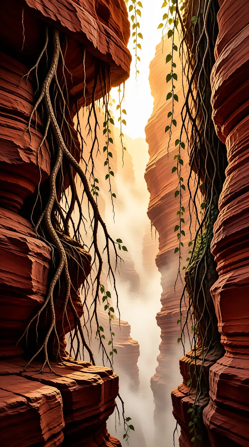 Tall red rock canyon walls with hanging vines surround a bright misty opening.