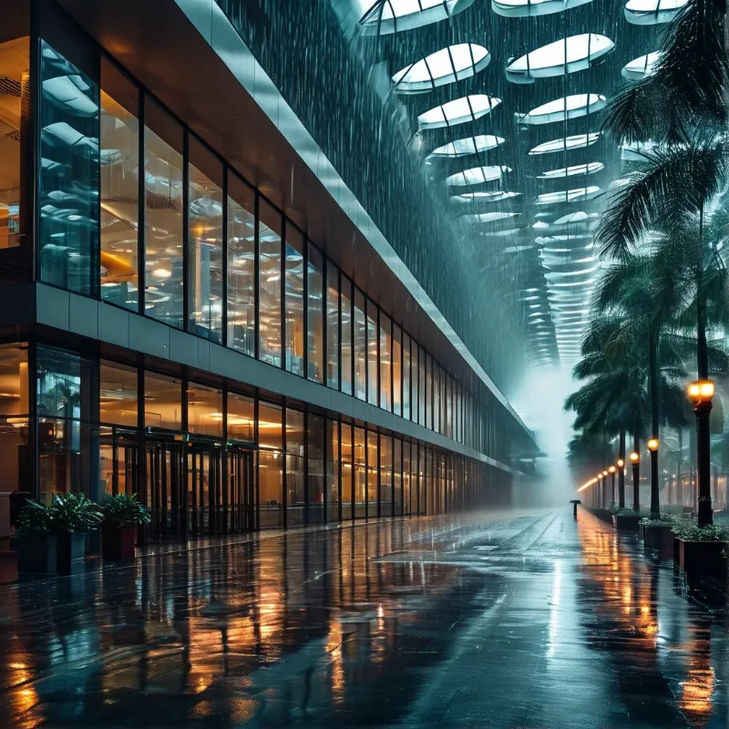 A contemporary glass building faces a wet street lined with palm trees and street lamps during a heavy rain.