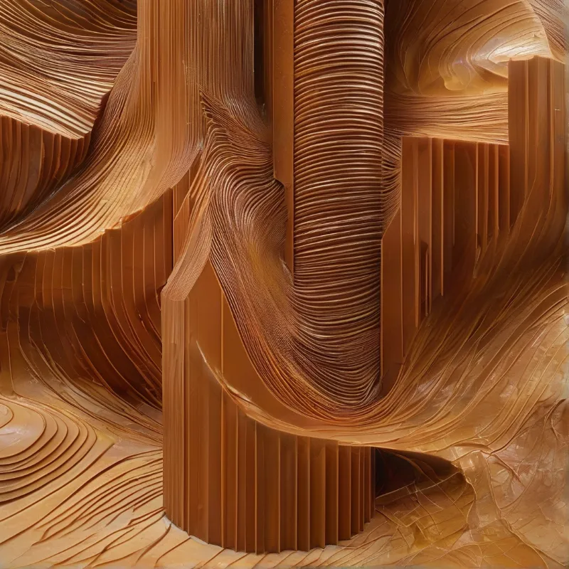 Dense flowing layers of caramel and chocolate tones form a sculptural abstract relief