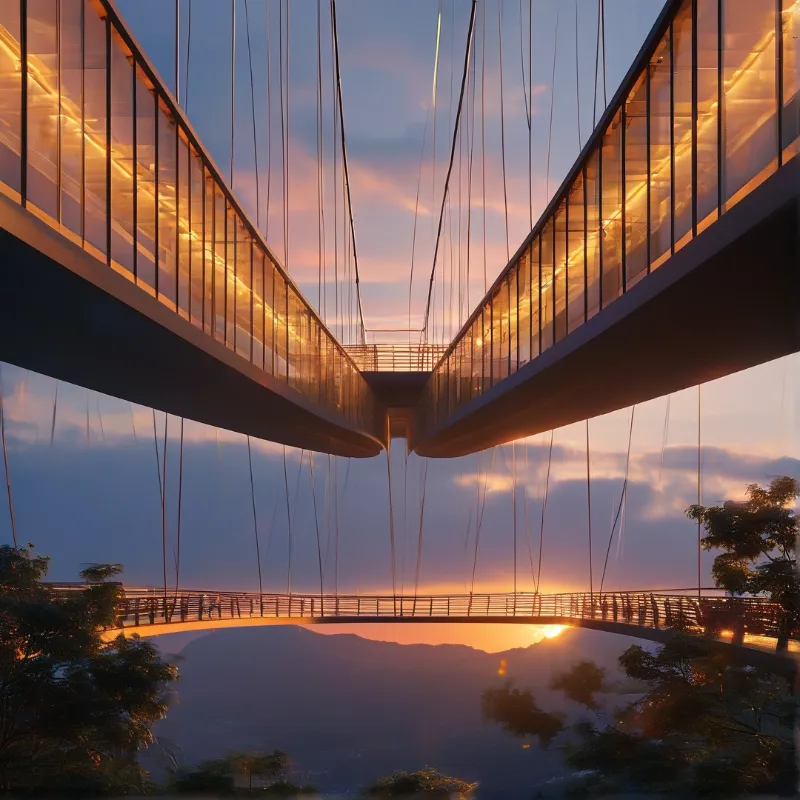 A futuristic glass bridge with glowing lights spans a high valley against a colorful sunset sky.