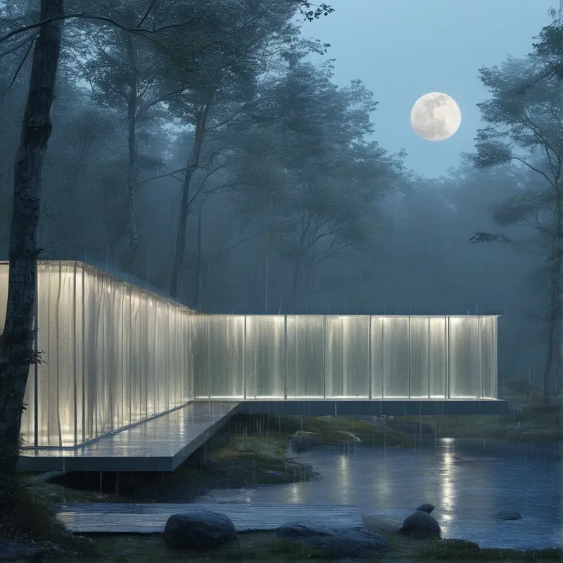 A luminous translucent waterfall pavilion stands over a dark forest pond beneath a full moon while rain falls