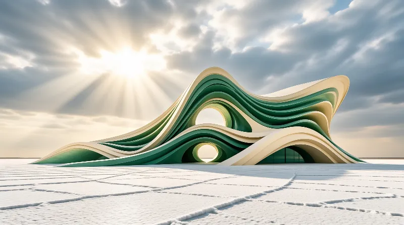 Layered cream and emerald curves with round openings stand alone on a white plain beneath sunbeams through cloud.