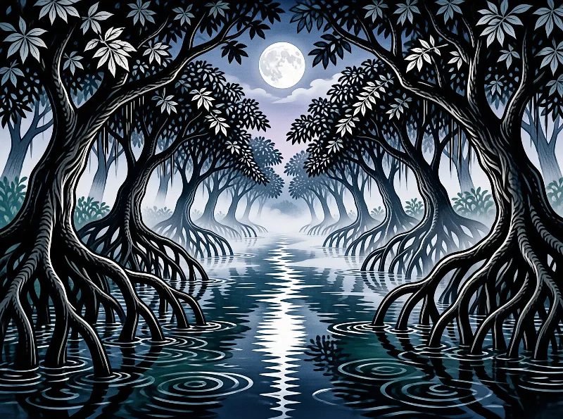 Stylized black trunks arch over dark water where a full moon throws a rippling white path between bare roots.