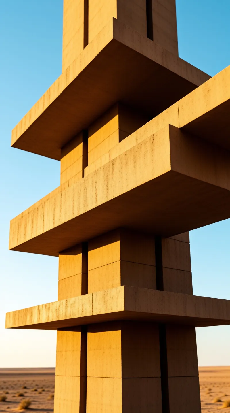 A tall geometric stone tower with projecting ledges stands alone in an arid desert under strong golden sunlight.