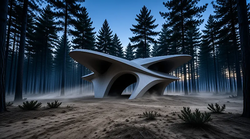 A curved white architectural structure rests in a foggy pine forest under a deep blue twilight sky.
