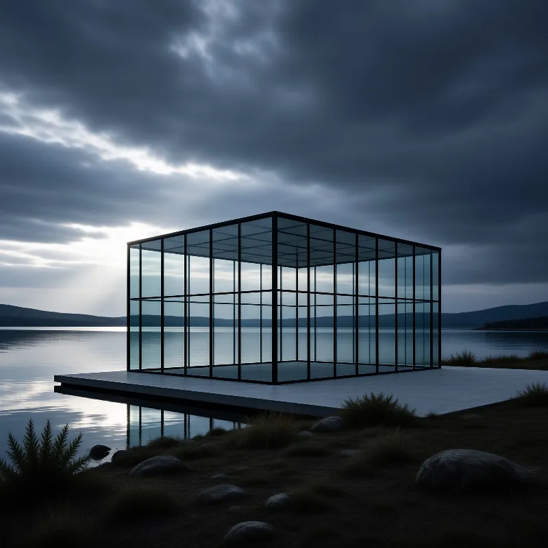 A minimalist glass pavilion stands on a concrete deck extending into a calm lake beneath heavy storm clouds.