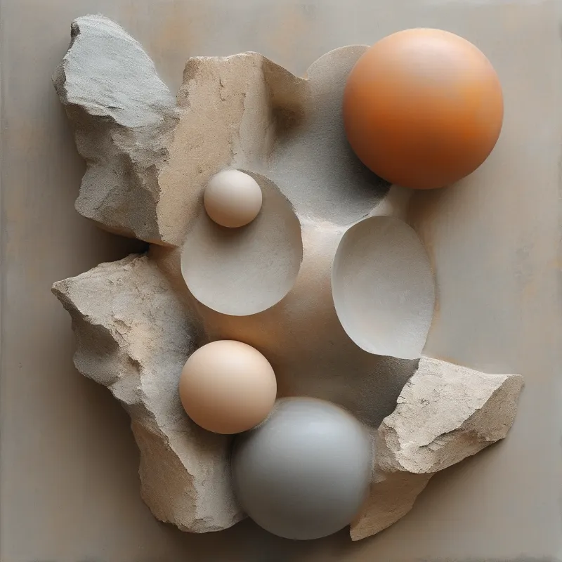 A cracked egg carton holds four distinct coloured eggs, soft lighting brings out its rough edges and smooth eggs against a plain pale surface.