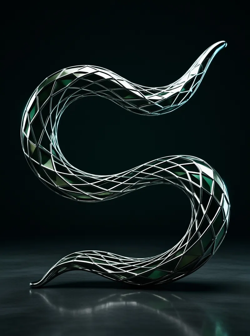 A sinuous geometric wire mesh sculpture with silver framing sits on a glossy dark reflective surface, its bright highlights contrasting with the deep black background.