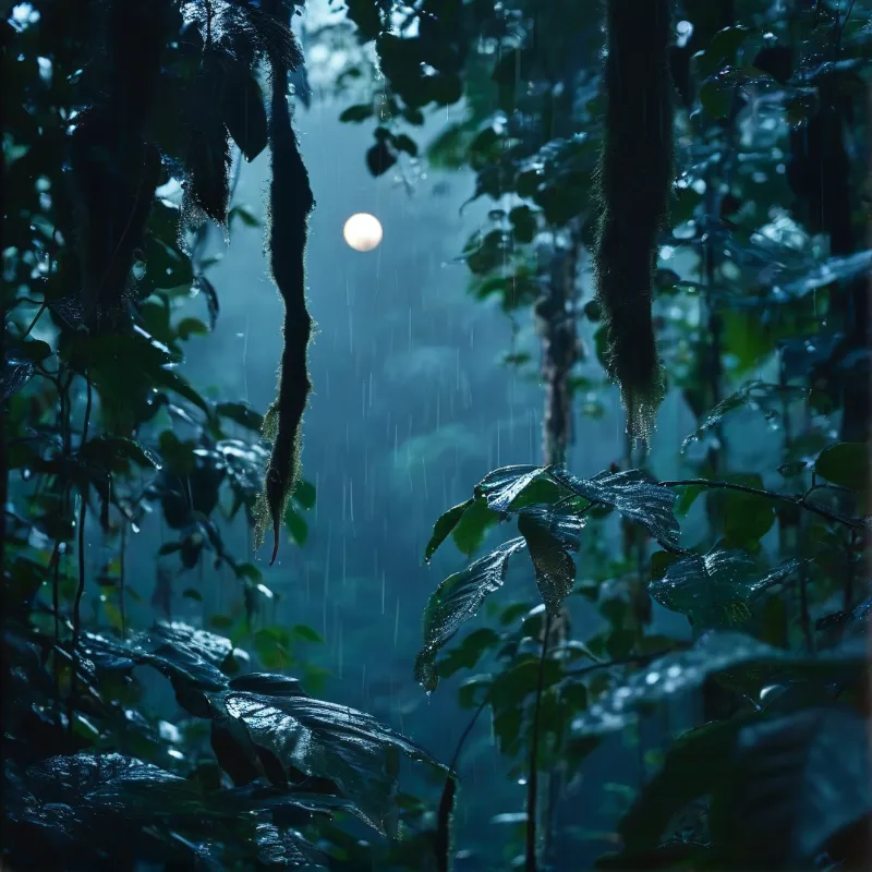 A bright celestial orb glows through a misty rainforest as rain falls on hanging moss and wet dark foliage.