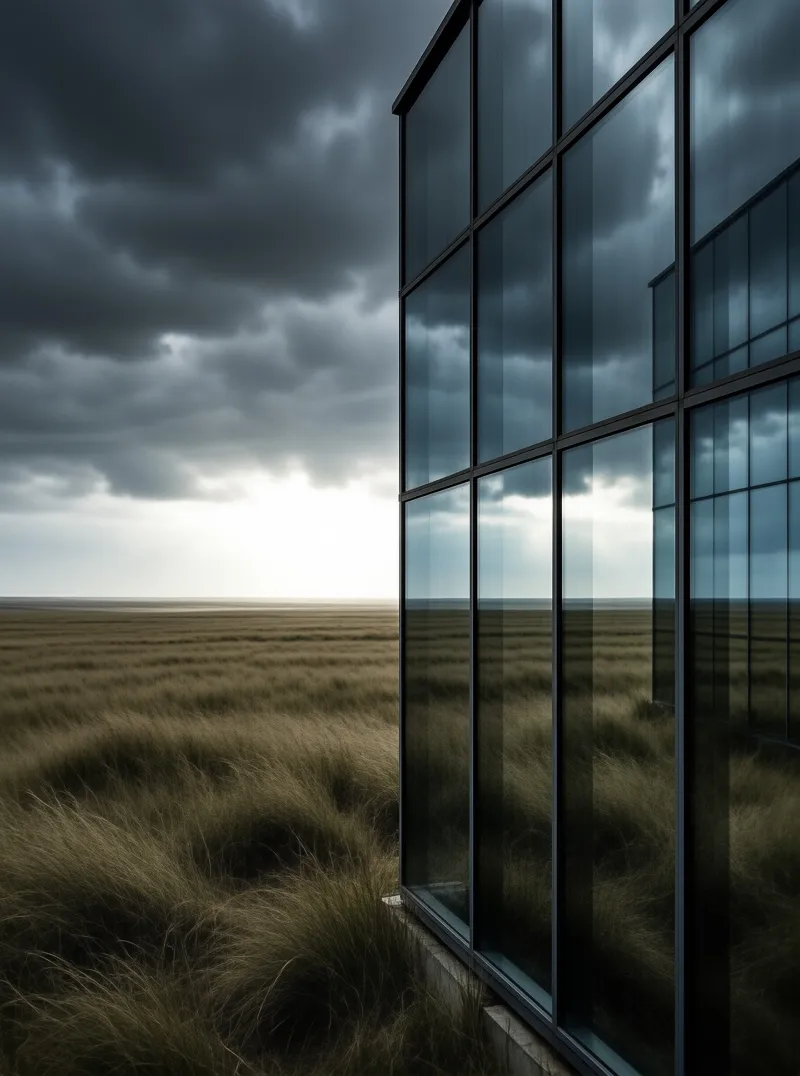 A modern glass facade stands beside a vast grassy plain under heavy clouds reflecting the landscape in its panes.