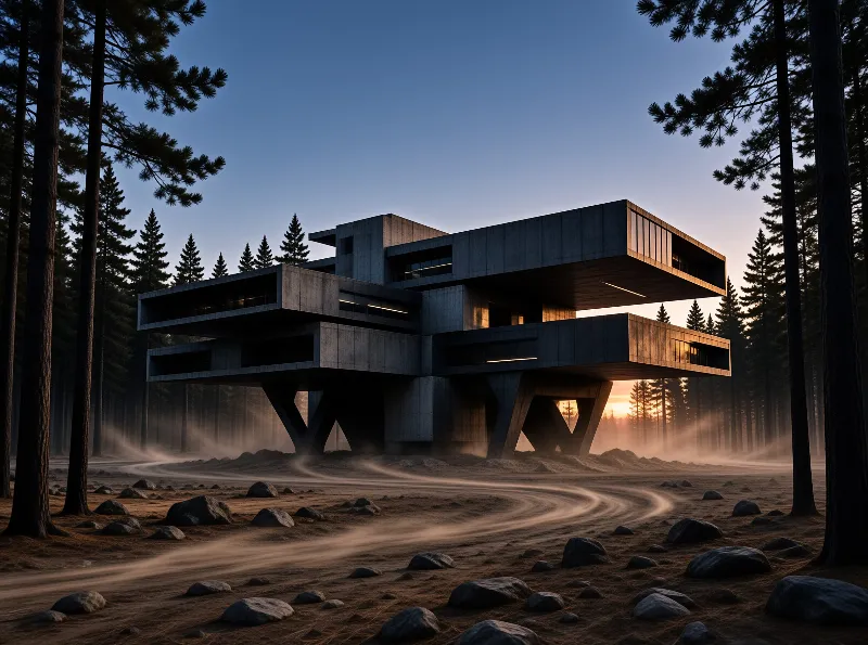 A massive concrete building with cantilevered levels stands on V-shaped pillars in a pine forest at sunset.