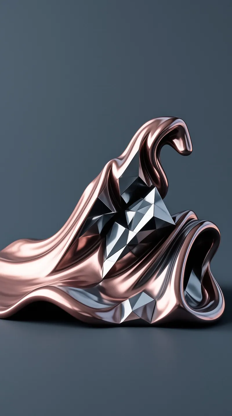 A glossy rose gold shape wraps around a faceted crystal under soft lighting on a dark gray surface.