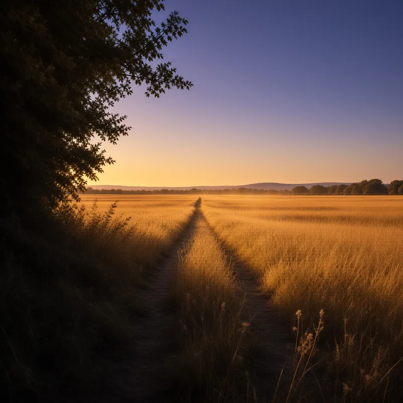 A narrow footpath cuts through tall sunlit grass toward a glowing sunset and distant blue hills.