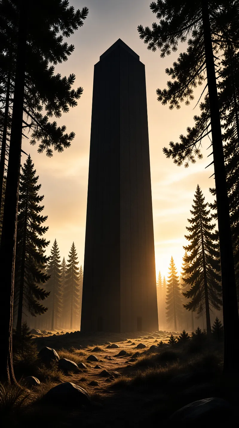 A massive dark pillar stands in a rocky clearing framed by tall pines under a hazy amber sky.