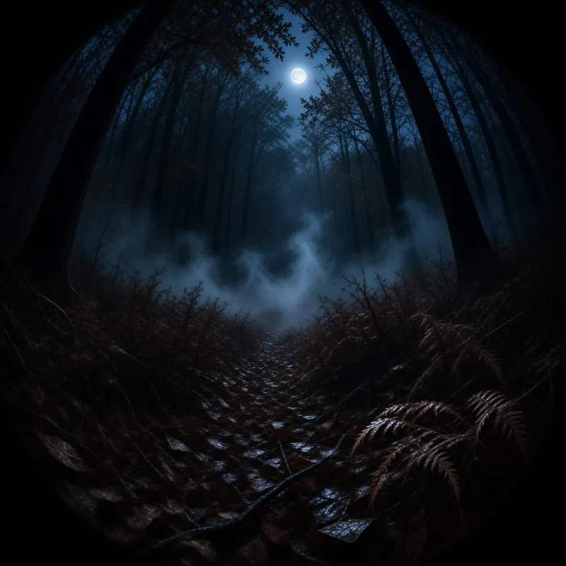 A path carpeted with wet leaves winds between black trunks toward a full moon, low mist curling above the undergrowth.