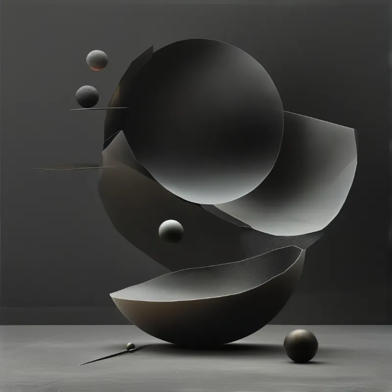 Sculptural spheres and hollow half shells balance in a dim grey composition of soft shadows and matte surfaces.