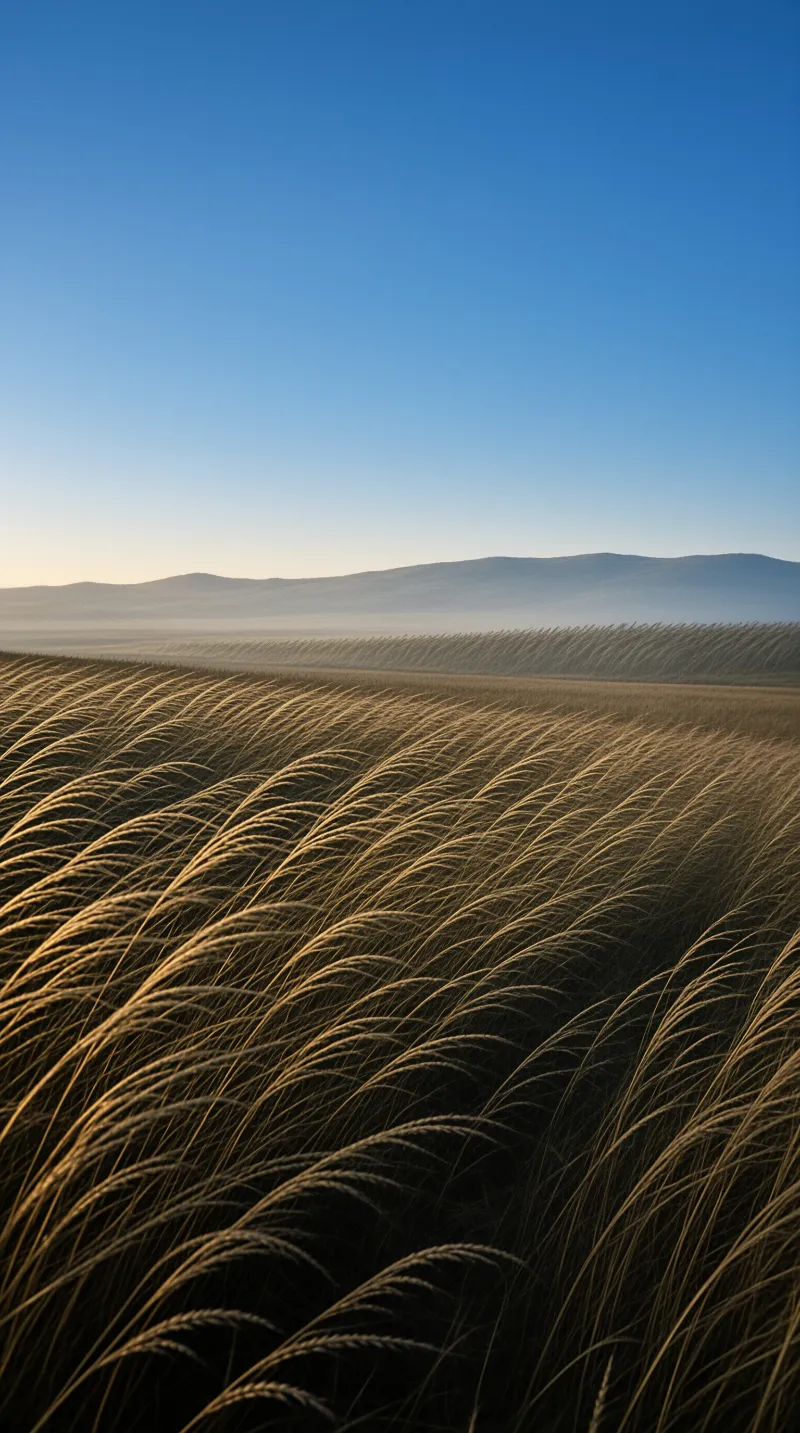 Golden wheat stalks bend in the wind across a vast field with misty hills under a clear blue sky.