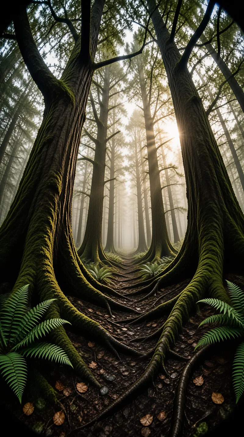 Flared moss covered roots frame a narrow trail as morning sun pierces the haze high between the trunks of a conifer wood