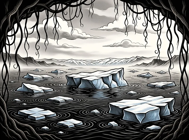 Angular icebergs float in a calm sea framed by hanging dark vines with distant mountains in the background.