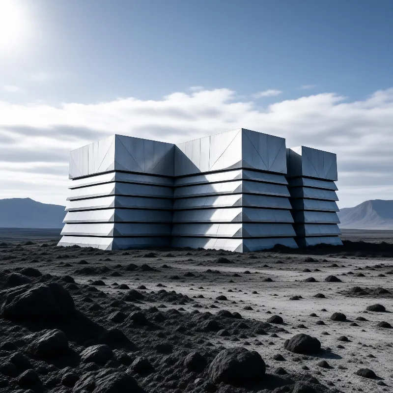 A low angular building clad in faceted silver panels sits on a dark lava field under a bright blue sky