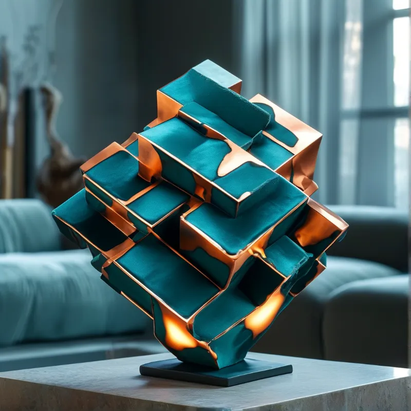 A teal and copper geometric art piece sits on a base in a softly lit living room with a blue sofa behind it.
