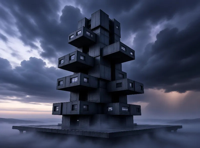 A massive brutalist building made of stacked concrete modules stands on a platform surrounded by thick fog under a dark stormy sky.
