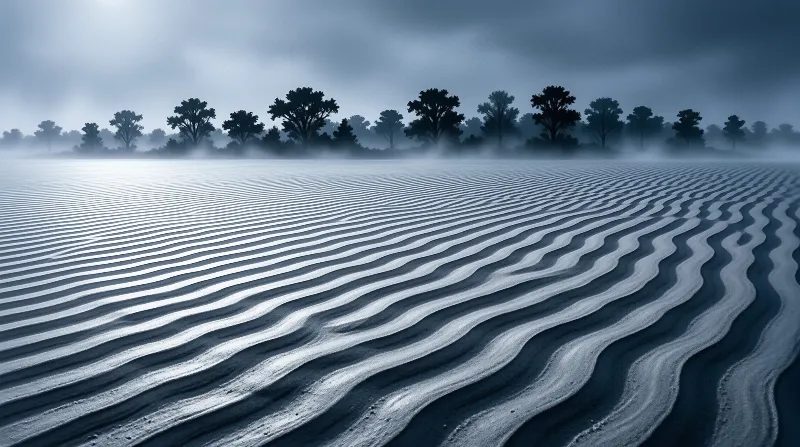 A long exposure photograph shows blue water ripples flowing towards a line of trees obscured by heavy mist in the distance.