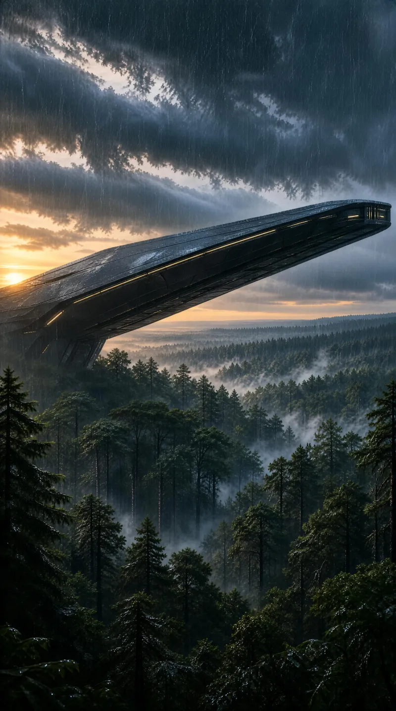 A long, sleek futuristic structure stretches over a dense forest as rain falls during a colorful sunset with warm and cool tones.