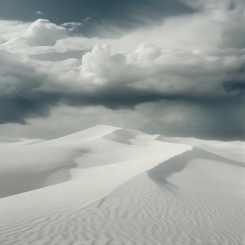 Rippling white sand dunes stretch toward a horizon dominated by heavy dark storm clouds