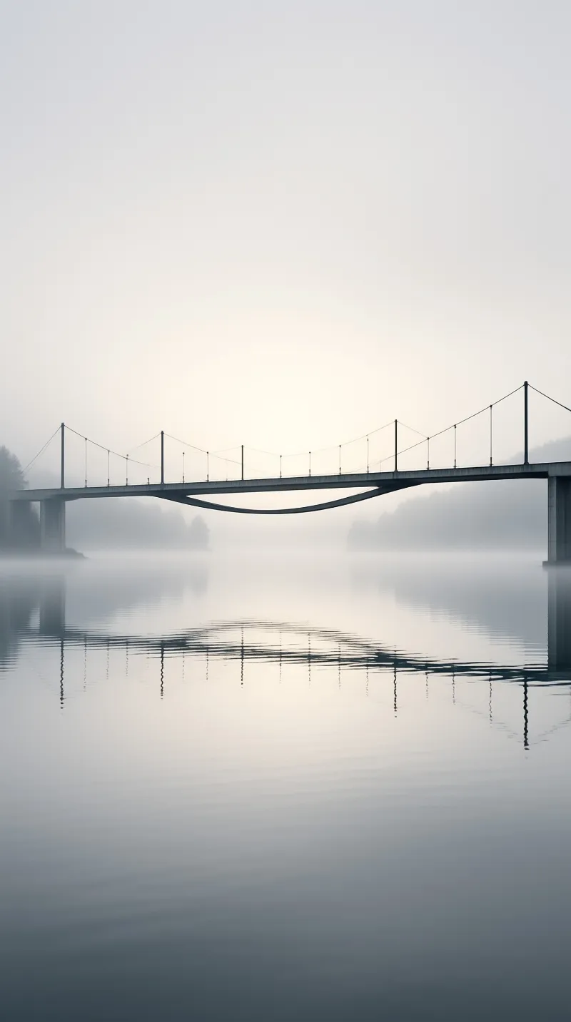 A bridge with hanging cables spans a foggy river with faint reflections on the still water surface below.