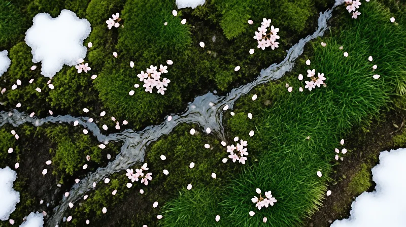 A winding stream flows through lush green moss and grass dotted with pink cherry blossoms and scattered petals near patches of snow.