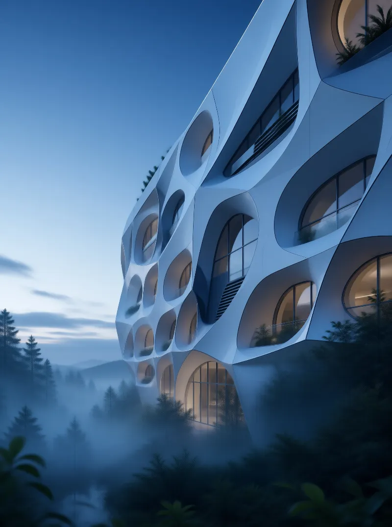 Futuristic Organic Building in Misty Forest