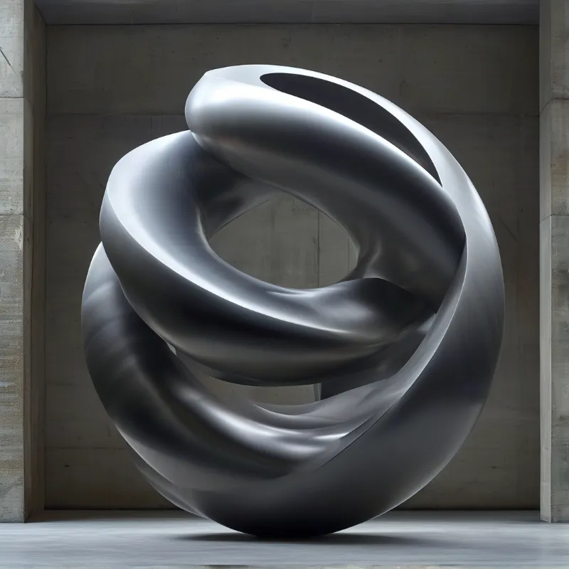 A large, twisted silver metal sculpture stands in a concrete room with soft lighting highlighting its smooth reflective curves.