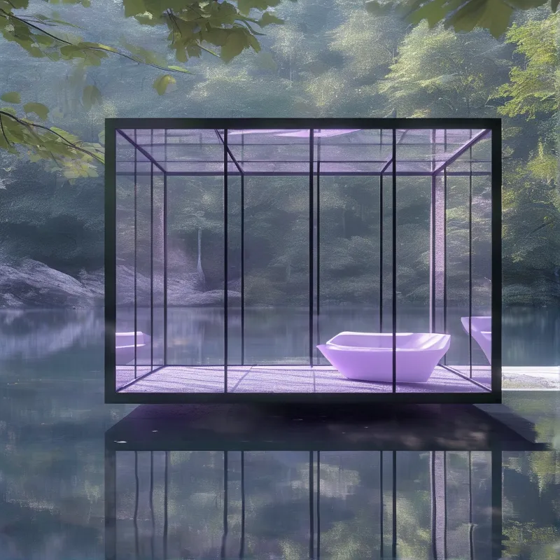 A glass cube structure sits floating on a still forest lake, containing a white bathtub, framed by soft hazy light and tree reflections in the water