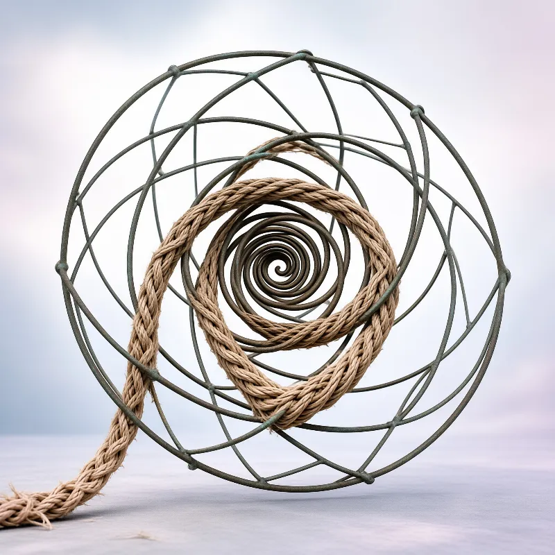 A thick brown rope winds around a greenish metal wire sphere against a soft blurred background.