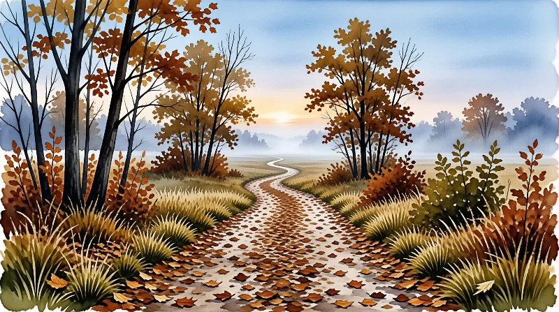A dirt trail meanders through a field of tall grass and trees with orange foliage under a soft blue sky with a low sun.