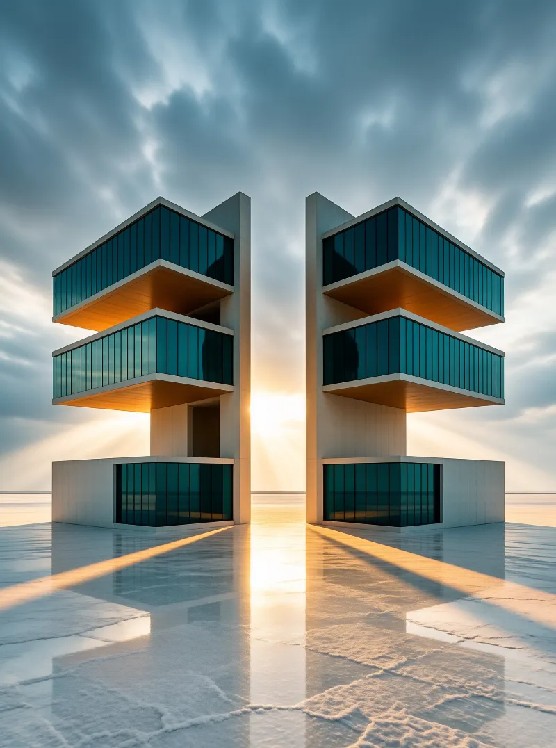 Symmetrical concrete and glass volumes sit on a cracked white surface with sunlight bursting between the structures.
