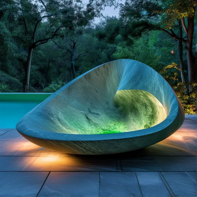An organic bathtub with green interior lighting sits on a stone patio surrounded by trees at dusk.
